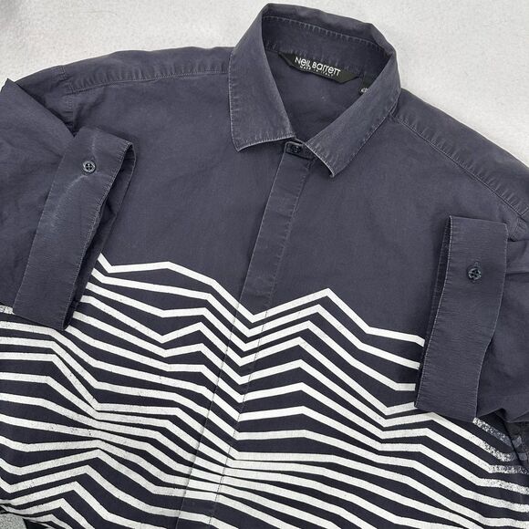 Neil Barrett Mens Button Shirt 39 Small Zig Zag Print Italy Luxury Art Designer - Picture 4 of 12